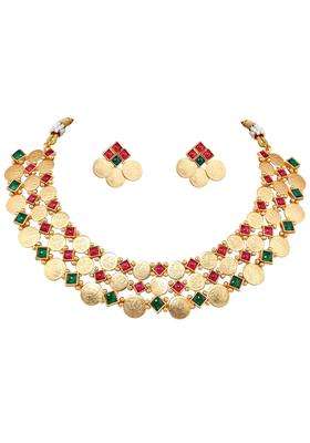 Lucky Jewellery Designer Gold Plated Goddess Laxmi Necklace Set for Women and Girls