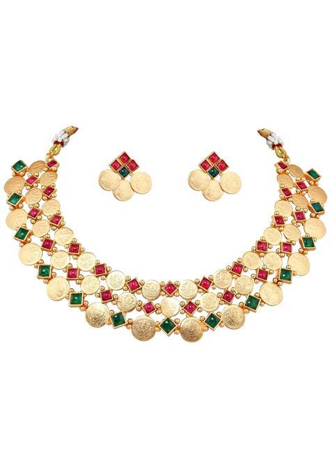 Lucky Jewellery Designer Gold Plated Goddess Laxmi Necklace Set for Women and Girls
