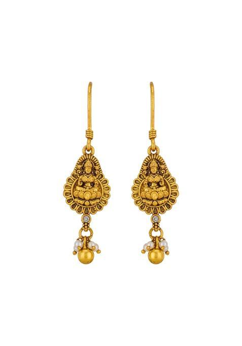 Kushals Fashion Jewellery White Oxidised Gold Plated 925 Silver Temple Hanging Earring Set for Women
