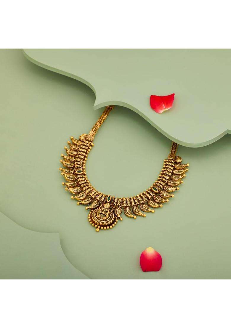 Kushals Fashion Jewellery Green Oxidised Gold Plated 925 Silver Temple Necklace for Women - Indya