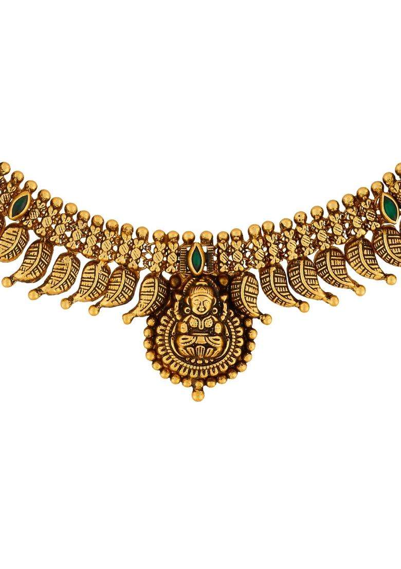 Kushals Fashion Jewellery Green Oxidised Gold Plated 925 Silver Temple Necklace for Women - Indya
