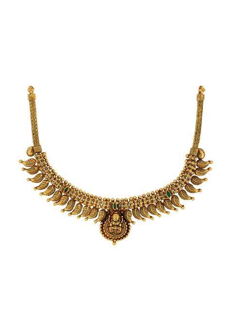 Kushals Fashion Jewellery Green Oxidised Gold Plated 925 Silver Temple Necklace for Women