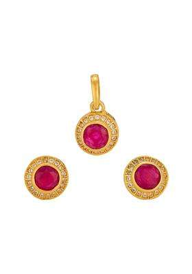 Kushals Fashion Jewellery Ruby Gold Plated 925 Silver Temple Pendant Earring Set for Women