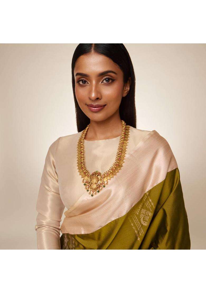 Kushals Fashion Jewellery Ruby Green Oxidised Gold Plated 925 Silver Temple Long Necklace for Women - Indya
