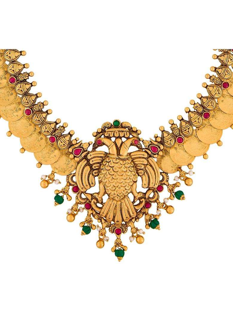 Kushals Fashion Jewellery Ruby Green Oxidised Gold Plated 925 Silver Temple Long Necklace for Women - Indya