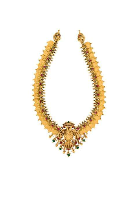 Kushals Fashion Jewellery Ruby Green Oxidised Gold Plated 925 Silver Temple Long Necklace for Women