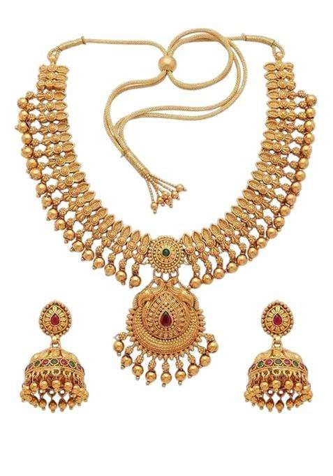 AHAN Jewel Temple Jewellery Set for Women Traditional Gold Plated Necklace with Large Peacock Pendant