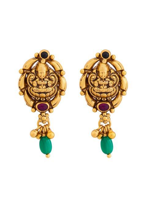 Kushals Fashion Jewellery Ruby Green Oxidised Gold Plated 925 Silver Temple Stud Earring Set for Women