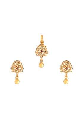 Kushals Fashion Jewellery Ruby Gold Plated Ethnic 925 Pure Silver Temple Pendant Set