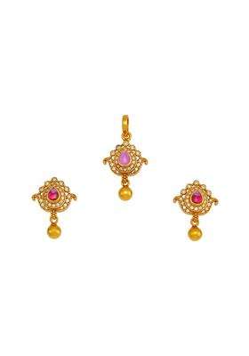 Kushals Fashion Jewellery Ruby Gold Plated Ethnic 925 Pure Silver Temple Pendant Set