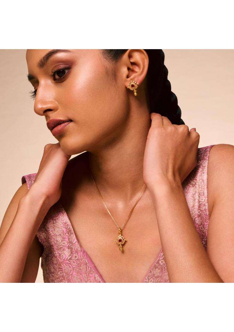 Kushals Fashion Jewellery Ruby Gold Plated Ethnic 925 Pure Silver Temple Pendant Set - Indya