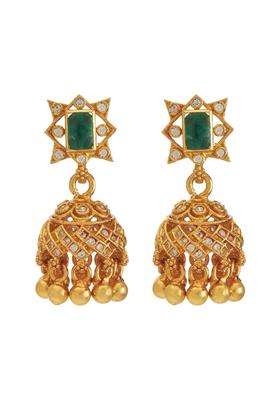 Kushals Fashion Jewellery Green Gold Plated 925 Silver Temple Jhumka Earrings for Women
