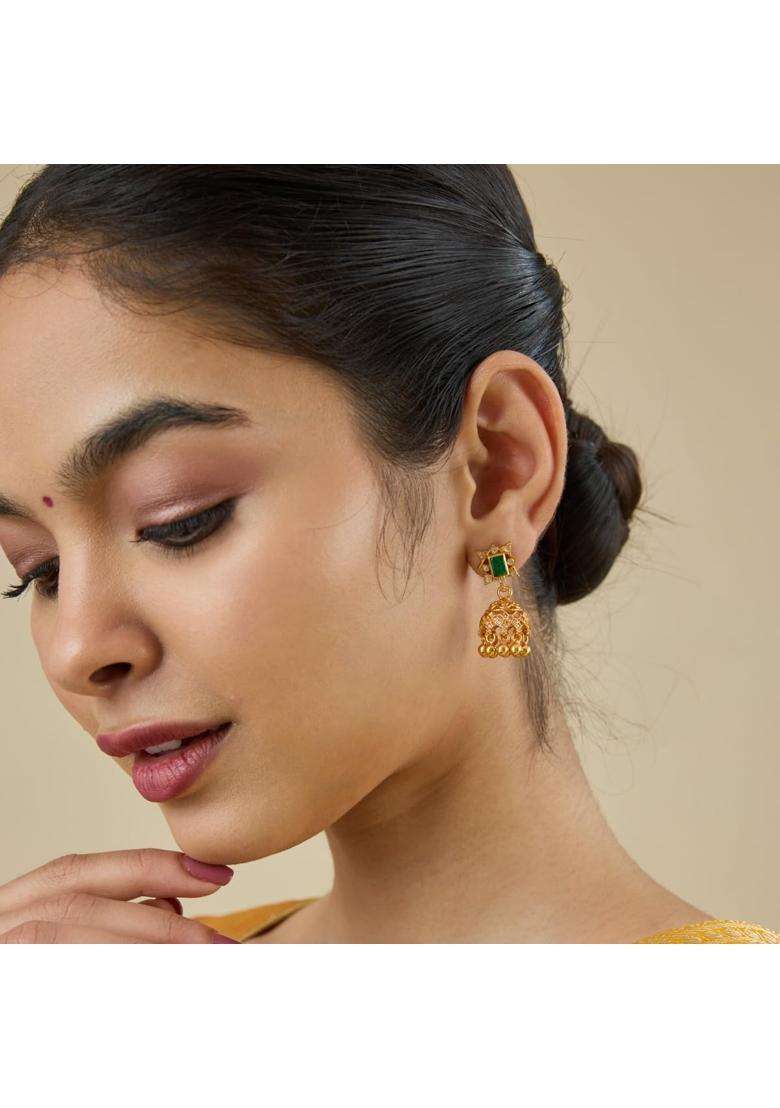 Kushals Fashion Jewellery Green Gold Plated 925 Silver Temple Jhumka Earrings for Women - Indya