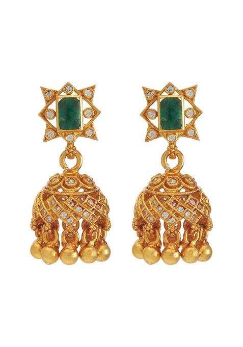 Kushals Fashion Jewellery Green Gold Plated 925 Silver Temple Jhumka Earrings for Women