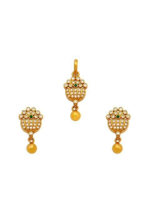 Kushals Fashion Jewellery Green Gold Plated Casual 925 Pure Silver Temple Pendant Set