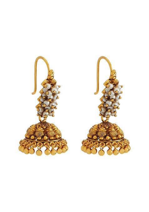Kushals Fashion Jewellery Pearl Oxidised Gold Plated Ethnic 925 Pure Silver Temple Earring
