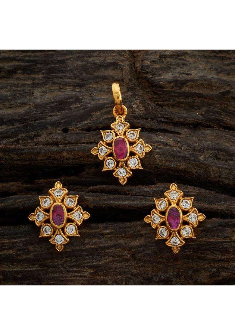 Kushals Fashion Jewellery Ruby Gold Plated Casual 925 Pure Silver Temple Pendant Set - Indya