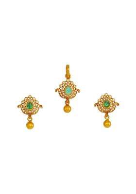 Kushals Fashion Jewellery Green Gold Plated Ethnic 925 Pure Silver Temple Pendant Set