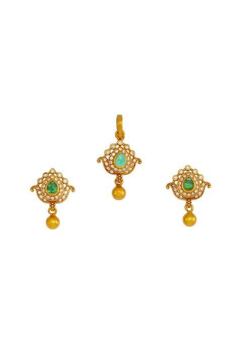 Kushals Fashion Jewellery Green Gold Plated Ethnic 925 Pure Silver Temple Pendant Set