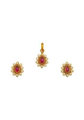 Kushals Fashion Jewellery Ruby Gold Plated Ethnic 925 Pure Silver Temple Pendant Set