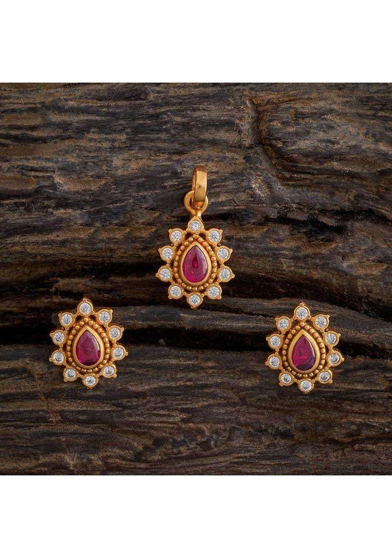 Kushals Fashion Jewellery Ruby Gold Plated Ethnic 925 Pure Silver Temple Pendant Set - Indya