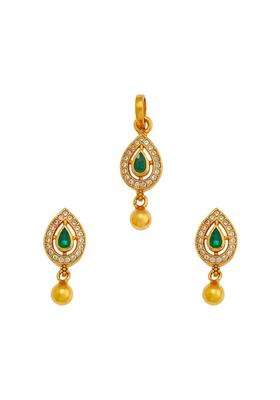 Kushals Fashion Jewellery Green Gold Plated Casual 925 Pure Silver Temple Pendant Set