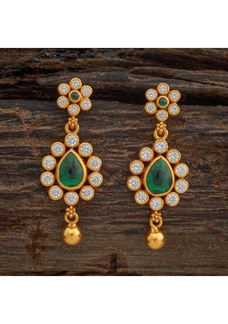 Kushals Fashion Jewellery Green Gold Plated 925 Silver Temple Hanging Earrings for Women - Indya