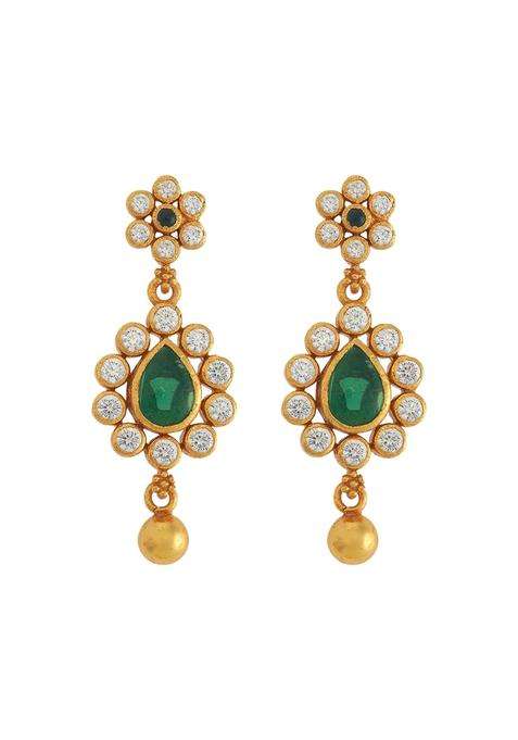 Kushals Fashion Jewellery Green Gold Plated 925 Silver Temple Hanging Earrings for Women