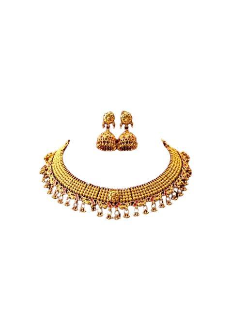 Traditional South Indian Temple Choker Jewellery Set Gold Plated Copper Rajwadi Polish with Stud Earrings