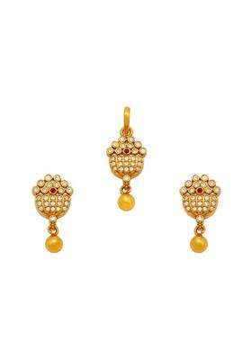 Kushals Fashion Jewellery Ruby Gold Plated Casual 925 Pure Silver Temple Pendant Set