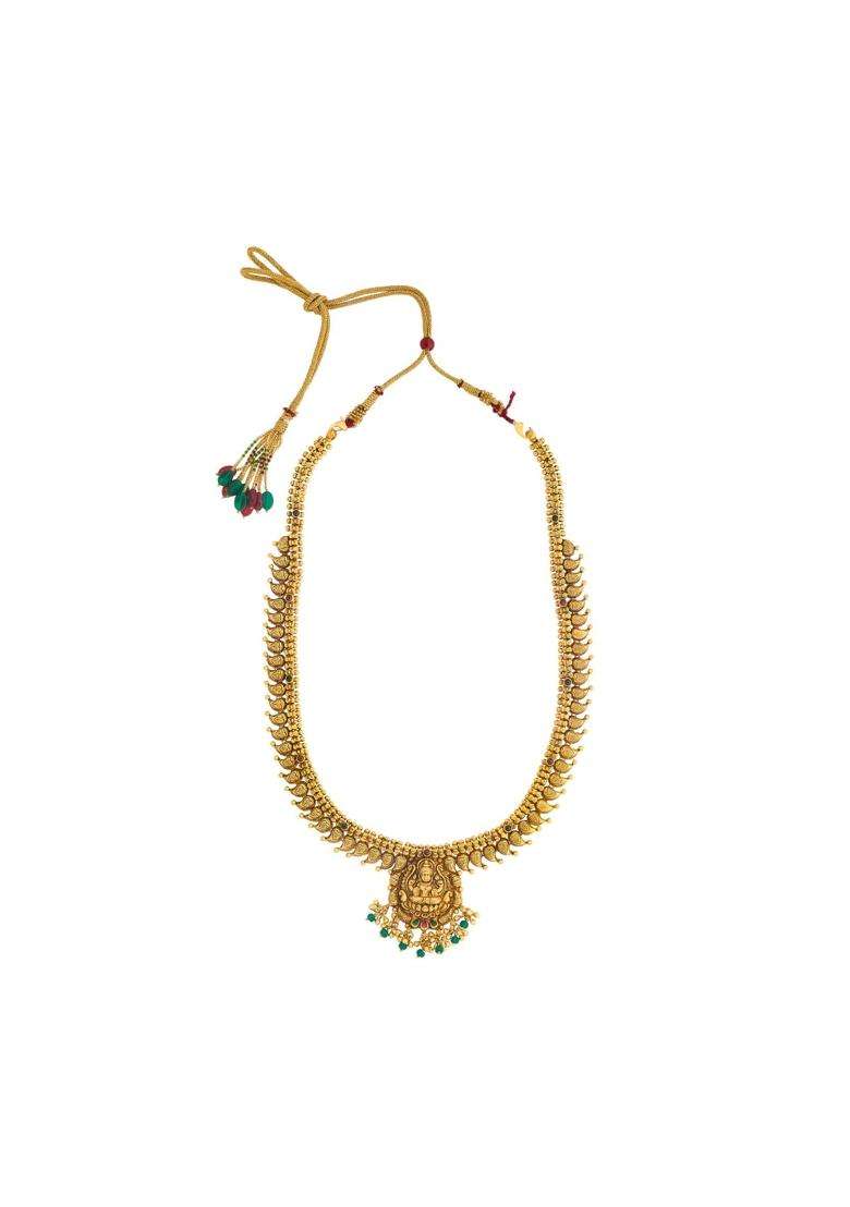 Kushals Fashion Jewellery Ruby Green Oxidised Gold Plated 925 Silver Temple Long Necklace for Women - Indya
