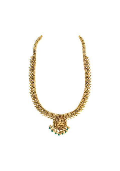 Kushals Fashion Jewellery Ruby Green Oxidised Gold Plated 925 Silver Temple Long Necklace for Women