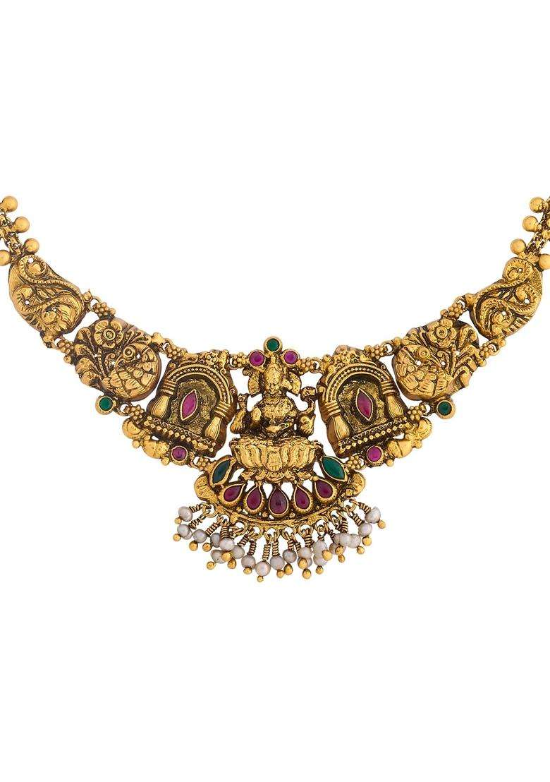 Kushals Fashion Jewellery Ruby Green Oxidised Gold Plated 925 Silver Temple Necklace for Women - Indya