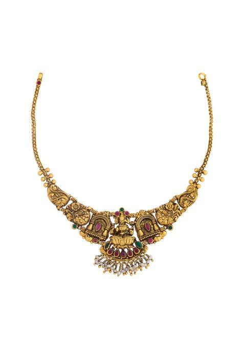 Kushals Fashion Jewellery Ruby Green Oxidised Gold Plated 925 Silver Temple Necklace for Women
