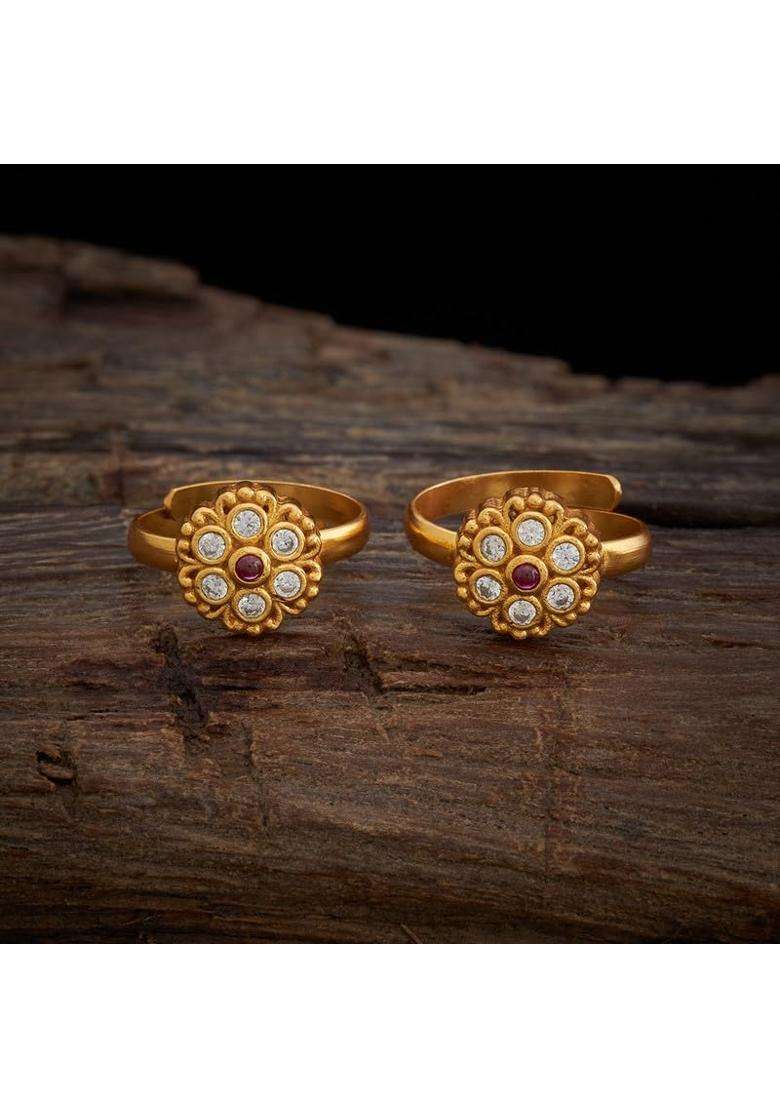 Kushals Fashion Jewellery Ruby Gold Plated Ethnic 925 Pure Silver Temple Toe Ring - Indya