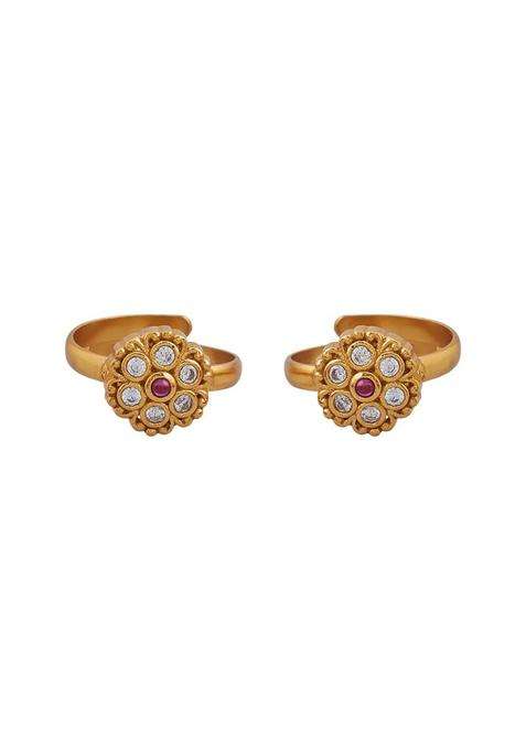 Kushals Fashion Jewellery Ruby Gold Plated Ethnic 925 Pure Silver Temple Toe Ring