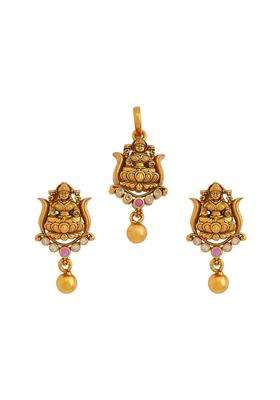 Kushals Fashion Jewellery Ruby Oxidised Gold Plated Casual 925 Pure Silver Temple Pendant Set