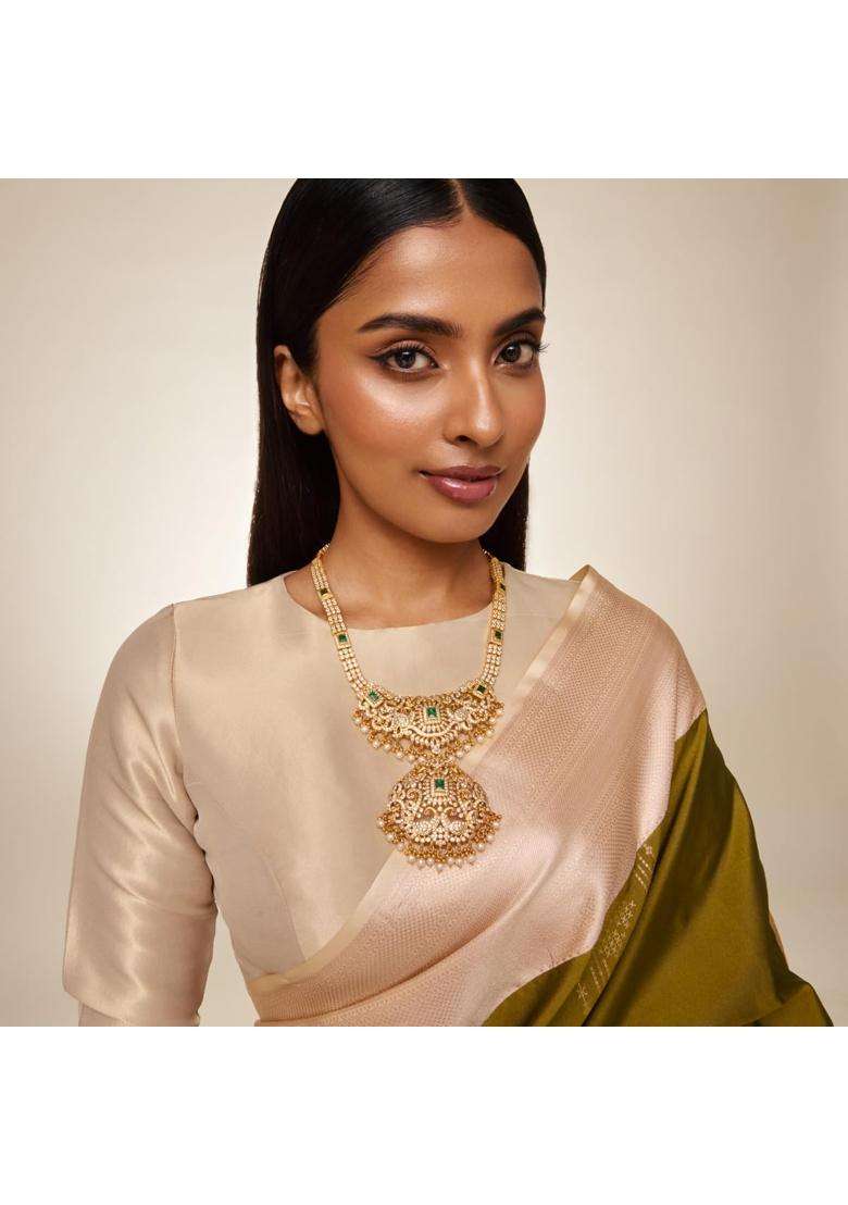 Kushals Fashion Jewellery Ruby Green Gold Plated 925 Silver Temple Long Necklace for Women - Indya
