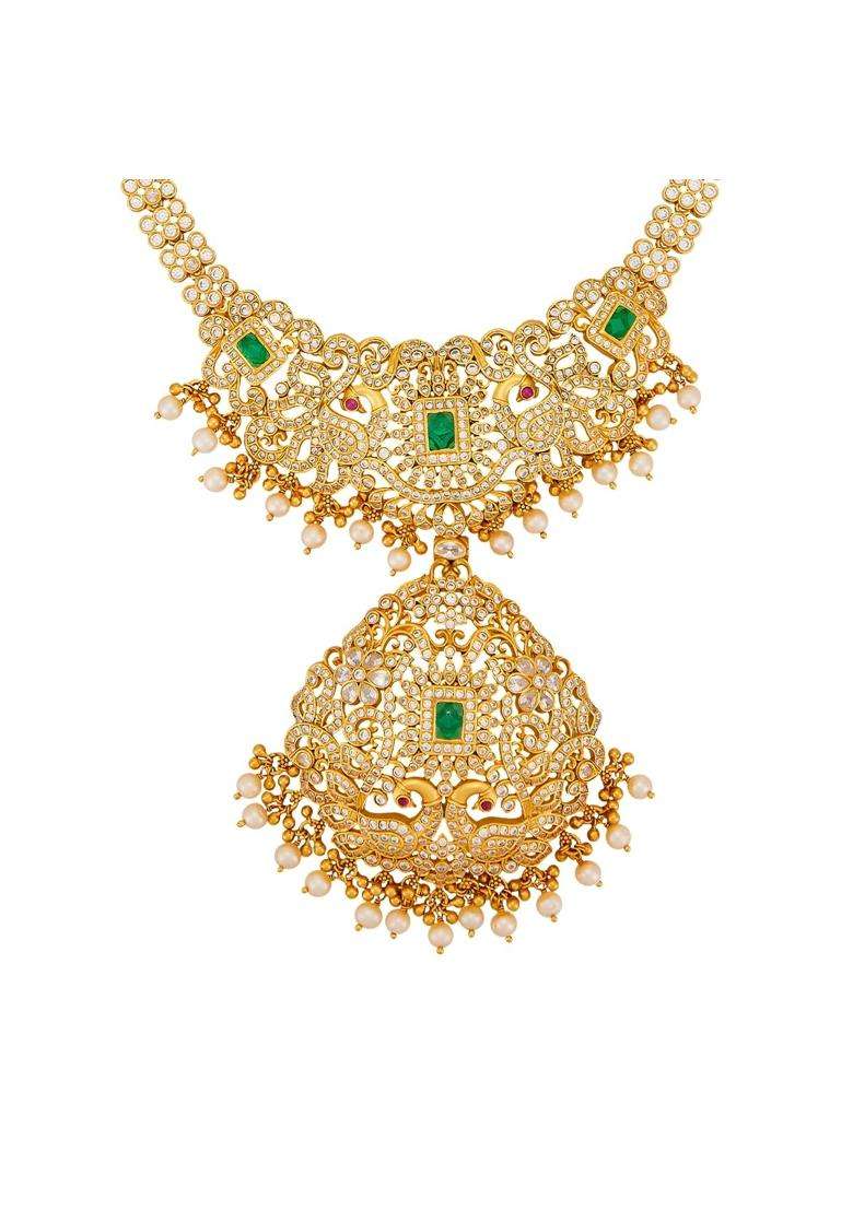 Kushals Fashion Jewellery Ruby Green Gold Plated 925 Silver Temple Long Necklace for Women - Indya