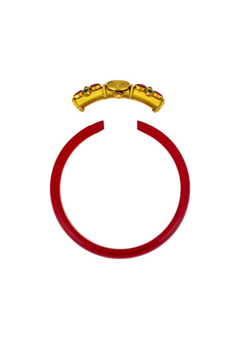Kushals Fashion Jewellery Ruby Green Oxidised Gold Plated 925 Silver Temple Bangle Pendant for Women - Indya