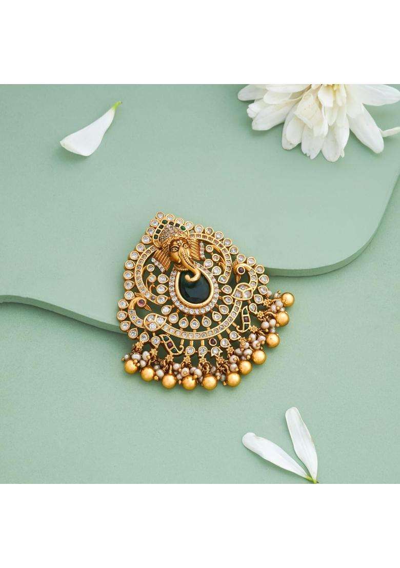 Kushals Fashion Jewellery Ruby Green Oxidised Gold Plated 925 Silver Temple Pendant for Women - Indya