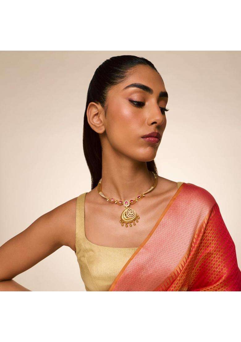 Kushals Fashion Jewellery Ruby Gold Plated 925 Silver Temple Necklace for Women - Indya