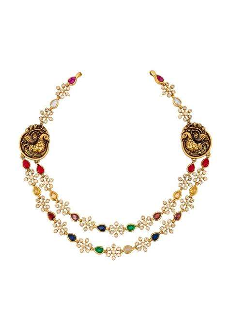 Kushals Fashion Jewellery Multi Oxidised Gold Plated 925 Silver Temple Layered Necklace for Women