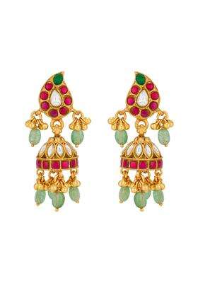 Kushals Fashion Jewellery Ruby Green Gold Plated 925 Silver Temple Jhumka Earrings for Women