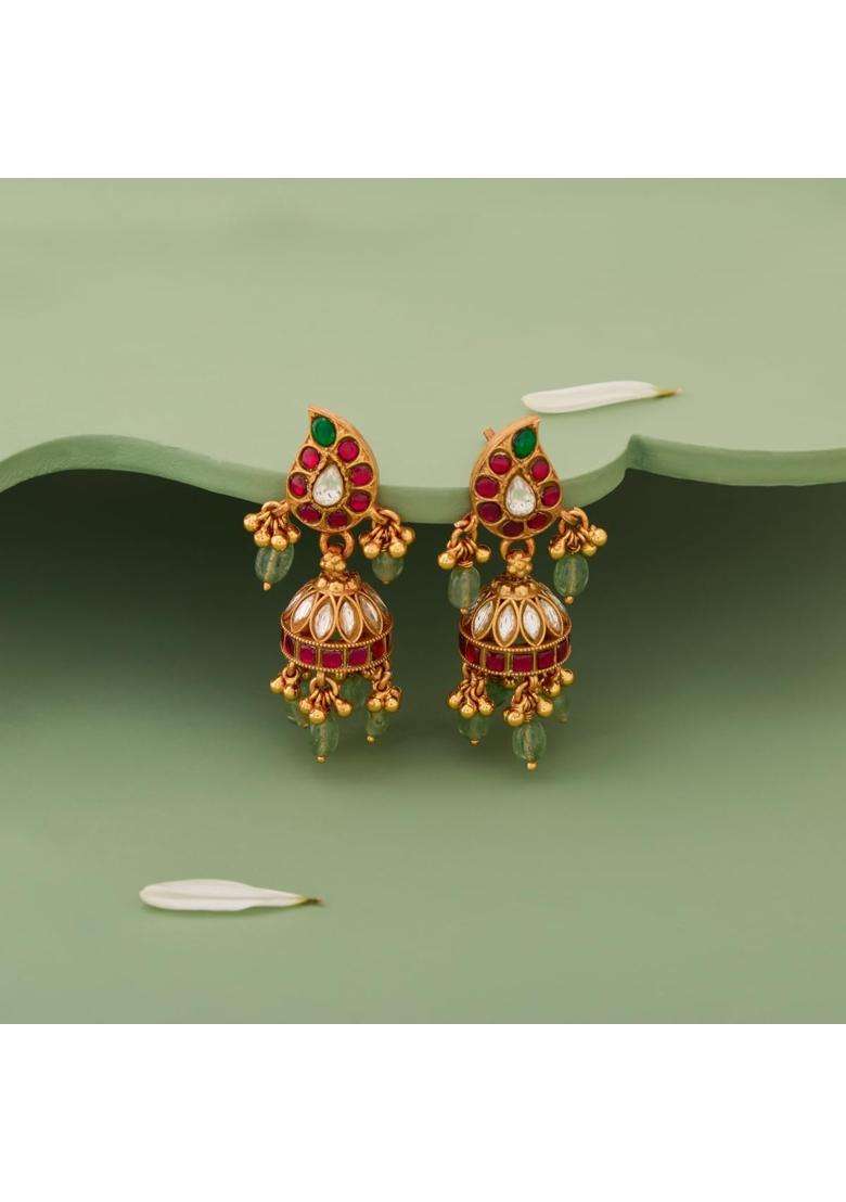 Kushals Fashion Jewellery Ruby Green Gold Plated 925 Silver Temple Jhumka Earrings for Women - Indya