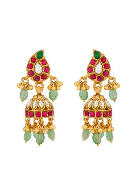 Kushals Fashion Jewellery Ruby Green Gold Plated 925 Silver Temple Jhumka Earrings for Women