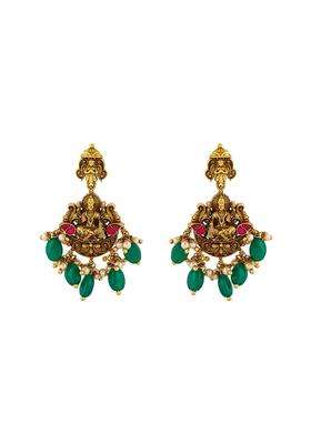 Kushals Fashion Jewellery Ruby Green Oxidised Gold Plated 925 Silver Temple Hanging Earrings for Women