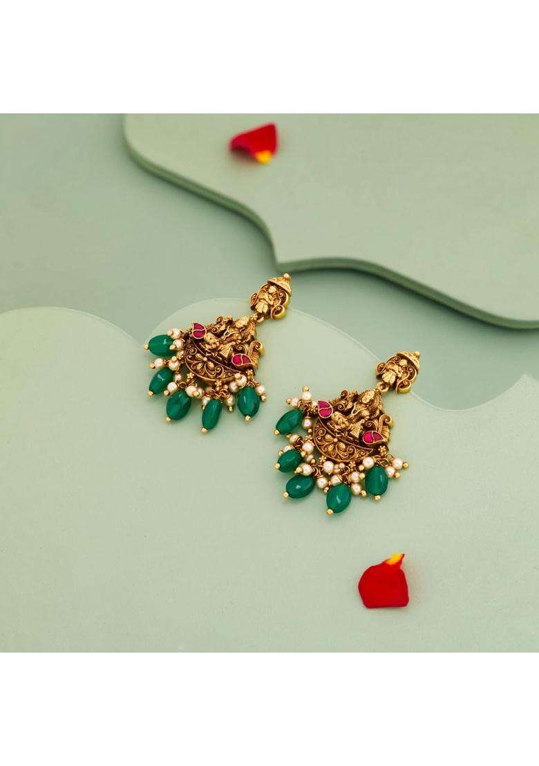 Kushals Fashion Jewellery Ruby Green Oxidised Gold Plated 925 Silver Temple Hanging Earrings for Women - Indya
