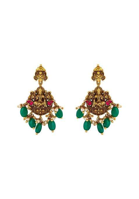 Kushals Fashion Jewellery Ruby Green Oxidised Gold Plated 925 Silver Temple Hanging Earrings for Women