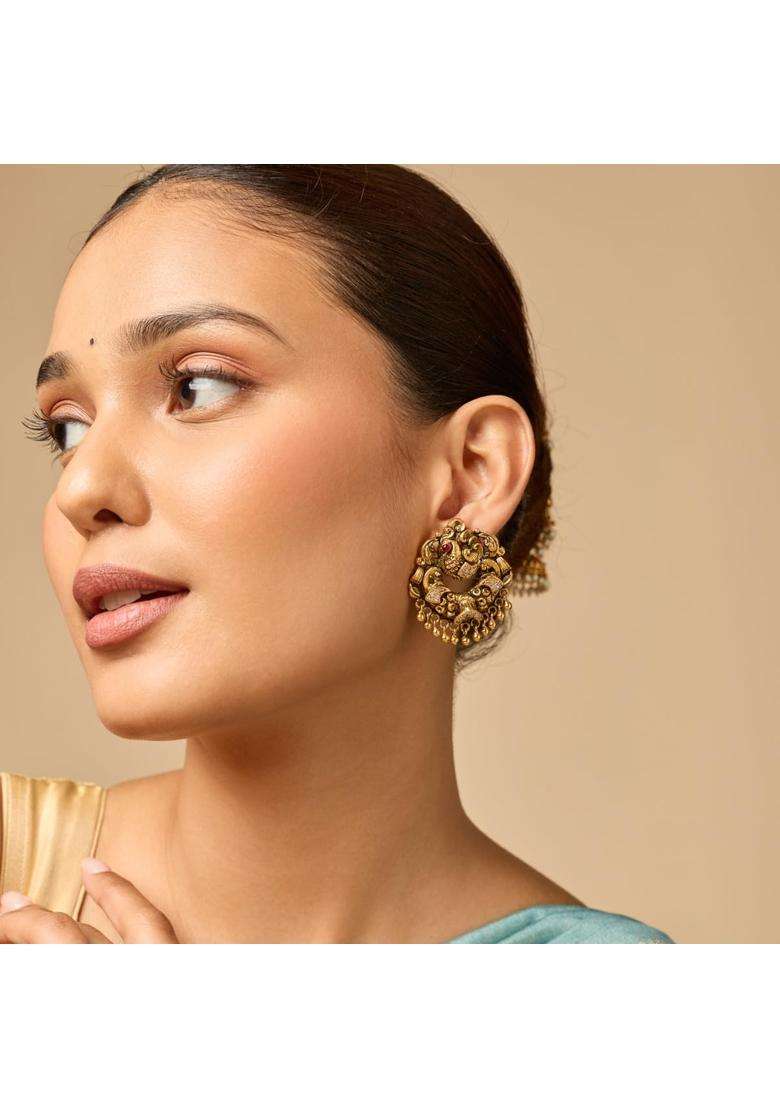 Kushals Fashion Jewellery Ruby Oxidised Gold Plated 925 Silver Temple Stud Earrings for Women - Indya